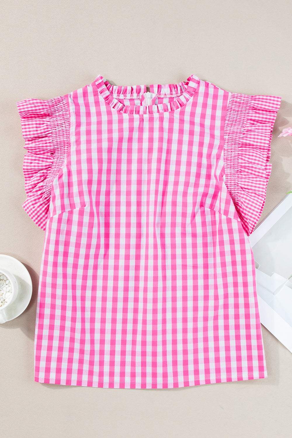 Ruffled Plaid Mock Neck Cap Sleeve Blouse - Trendsi - Flyclothing LLC