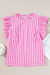 Ruffled Plaid Mock Neck Cap Sleeve Blouse - Trendsi - Flyclothing LLC