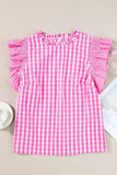 Ruffled Plaid Mock Neck Cap Sleeve Blouse - Trendsi - Flyclothing LLC