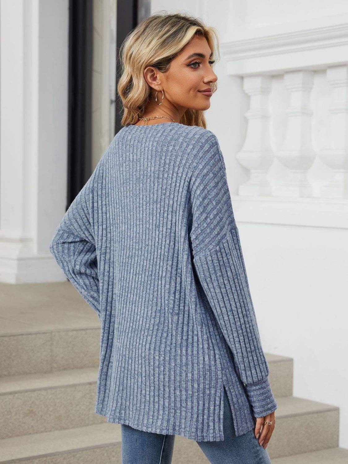 Ribbed Round Neck Long Sleeve T-Shirt - Trendsi - Flyclothing LLC