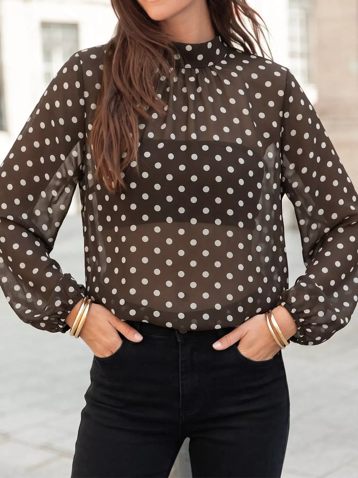 Polka Dot Mock Neck Long Sleeve Blouse - Trendsi - Flyclothing LLC