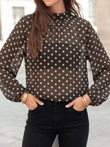 Polka Dot Mock Neck Long Sleeve Blouse - Trendsi - Flyclothing LLC