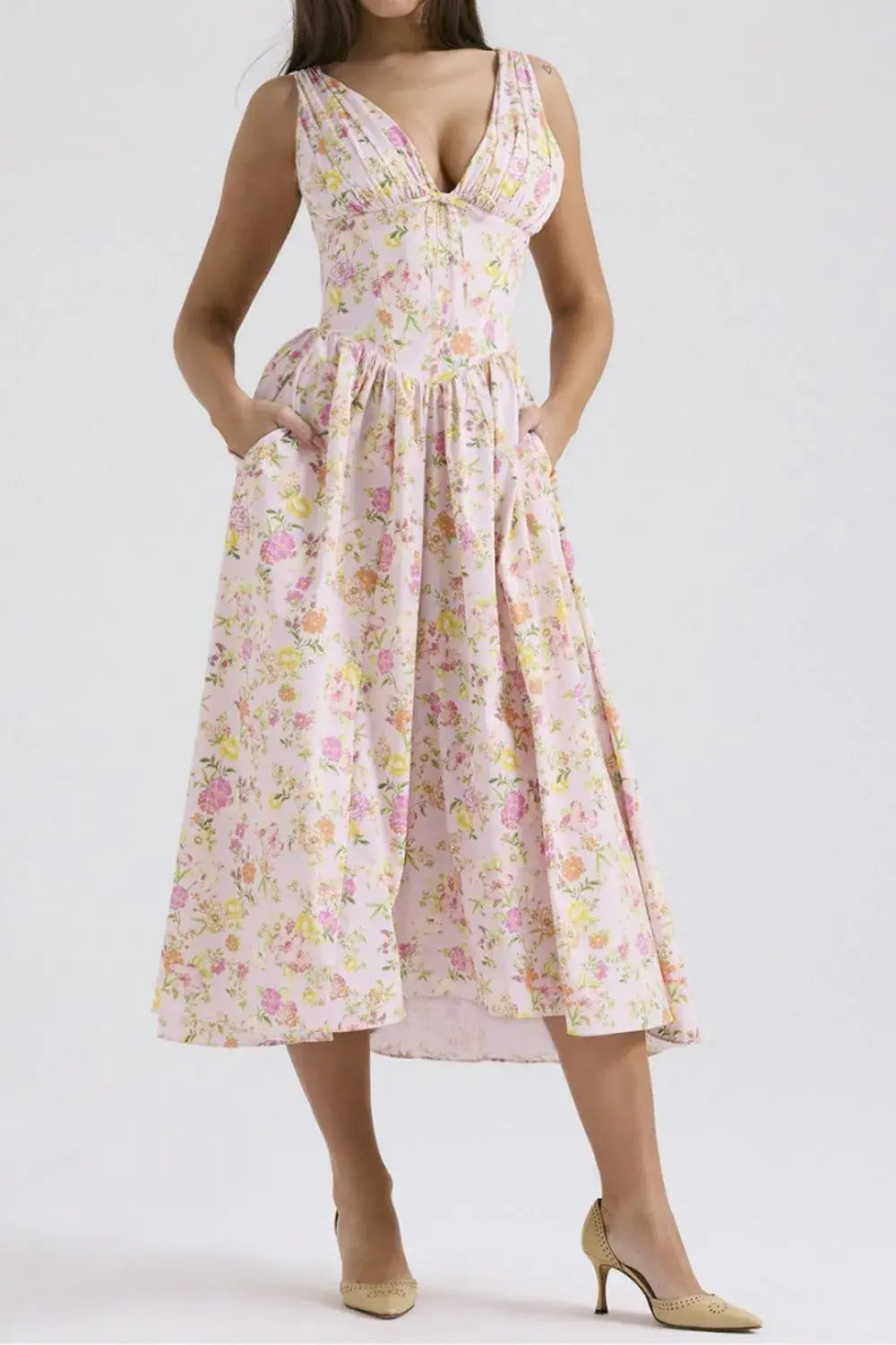 Floral V-Neck Sleeveless Midi Dress with Pockets - Trendsi - Flyclothing LLC