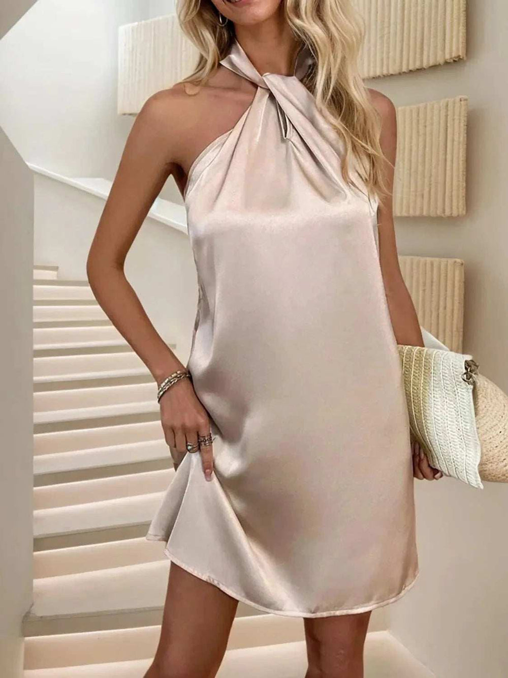 Grecian Neck Satin Mini Dress - Trendsi - Flyclothing LLC