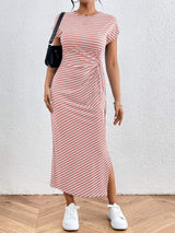 Tied Striped Round Neck Short Sleeve Tee Dress - Trendsi - Flyclothing LLC