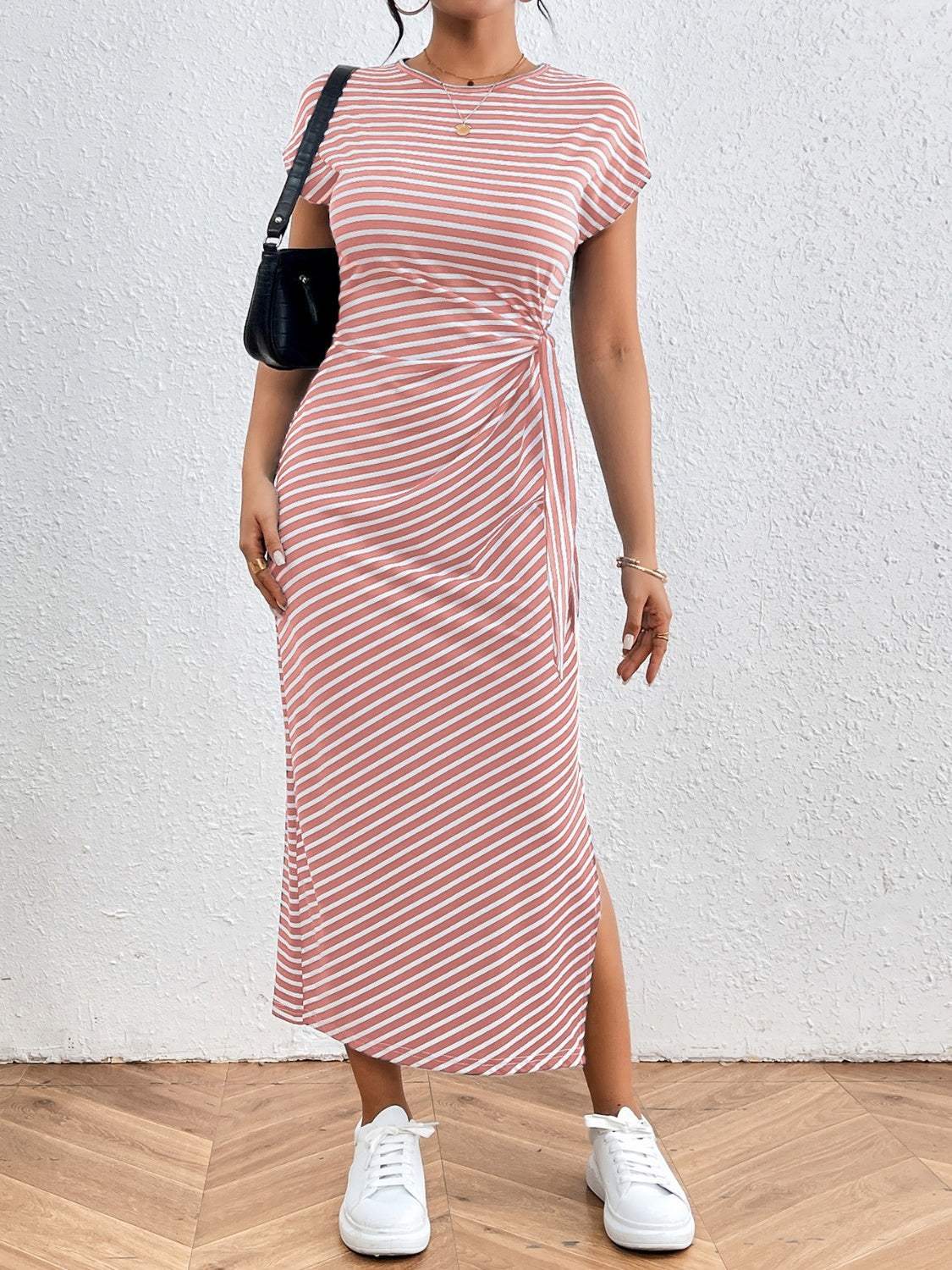 Tied Striped Round Neck Short Sleeve Tee Dress - Trendsi - Flyclothing LLC