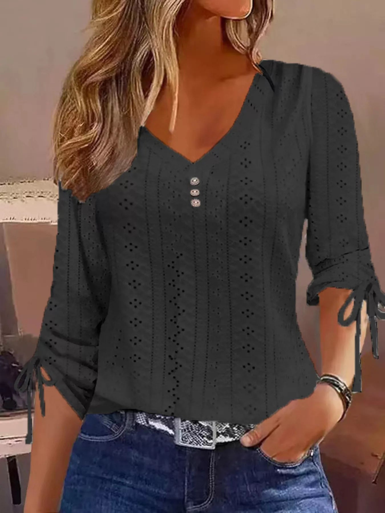 Full Size V-Neck Eyelet Drawstring Sleeve Top Plus Size - Trendsi - Flyclothing LLC