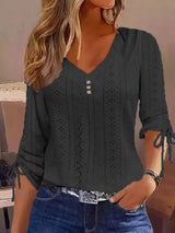 Full Size V-Neck Eyelet Drawstring Sleeve Top Plus Size - Trendsi - Flyclothing LLC