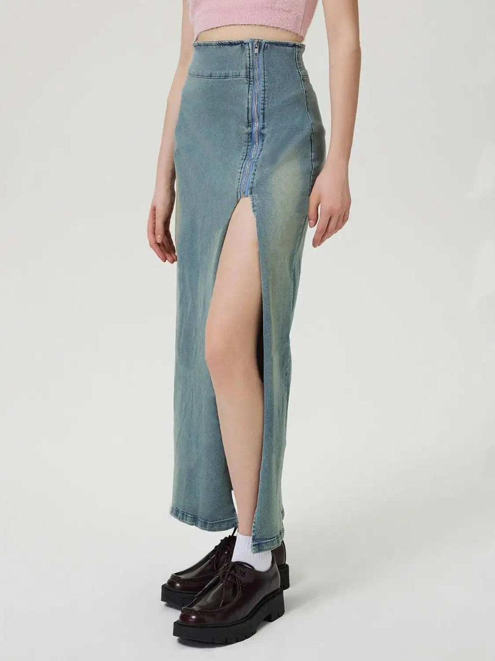 Slit Denim Skirt with Zip - Trendsi - Flyclothing LLC