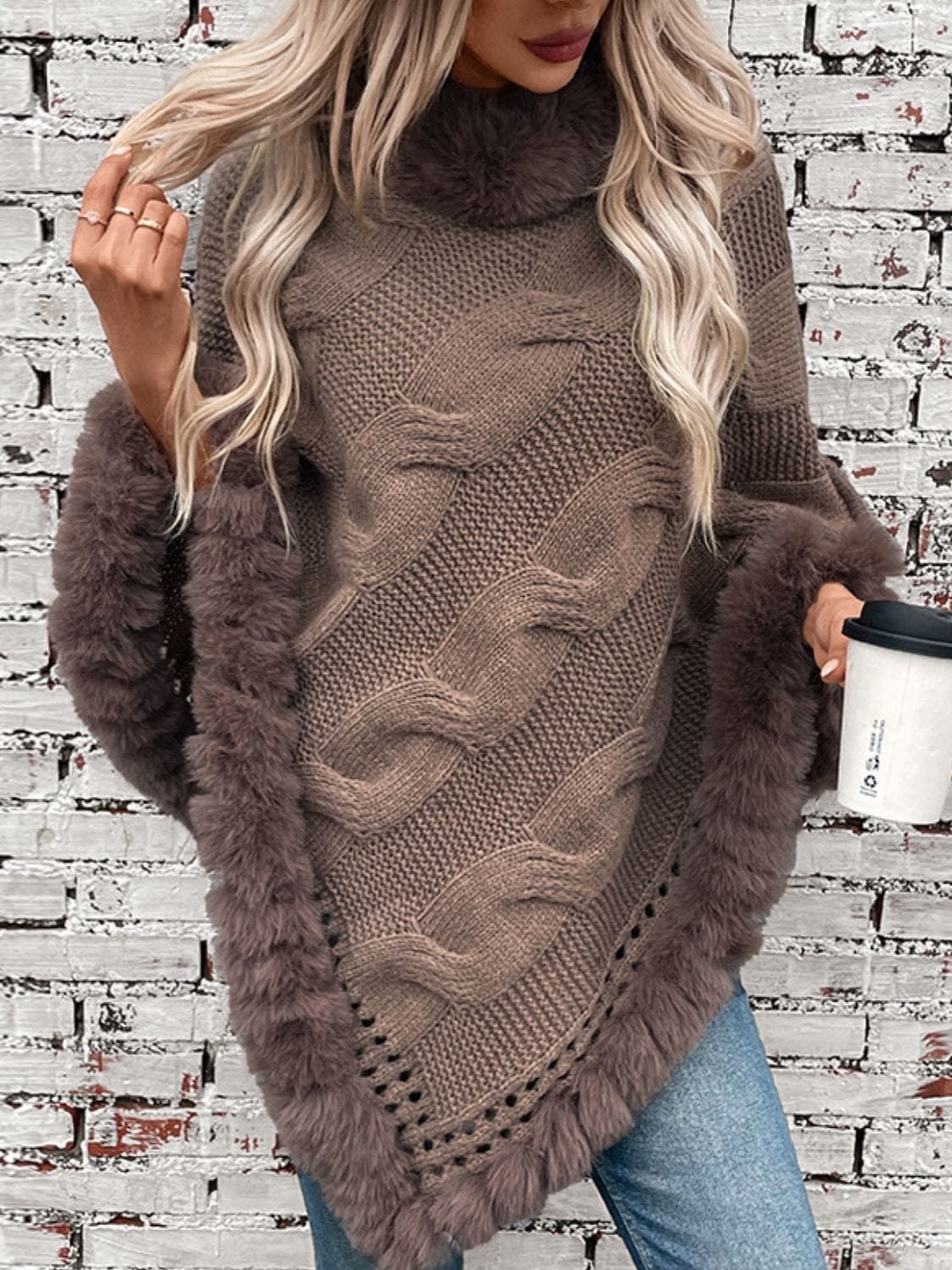 Fuzzy Hem Cable-Knit Poncho - Trendsi