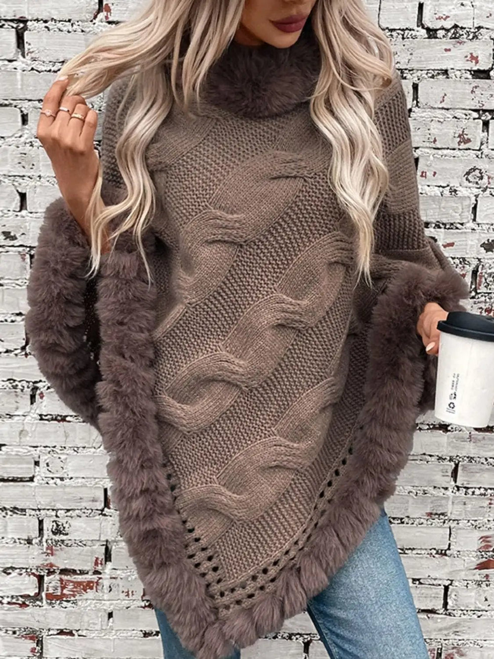 Fuzzy Hem Cable-Knit Poncho - Trendsi