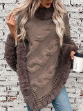 Fuzzy Hem Cable-Knit Poncho - Trendsi