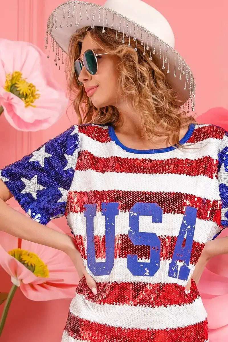 BiBi American Flag Theme Usa Print Sequin Dress - Trendsi - Flyclothing LLC