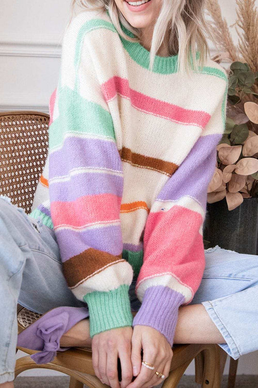 Contrast Striped Round Neck Drop Shoulder Sweater - Trendsi - Flyclothing LLC