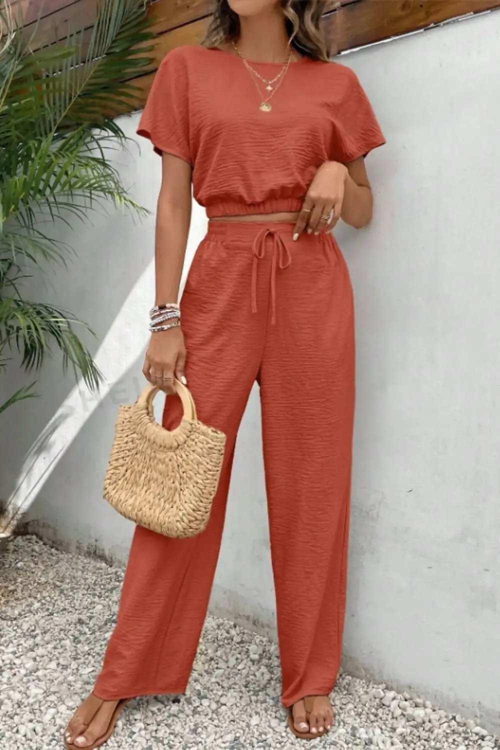 Round Neck Short Sleeve Top and Pants Set - Trendsi - Flyclothing LLC