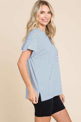 Culture Code Full Size Striped Short Sleeve Hooded Top - Trendsi - Flyclothing LLC