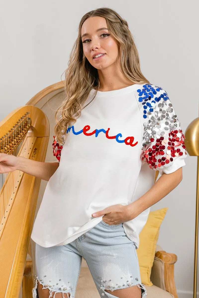 BiBi America Letter Applique Spangle Puff Sleeves Top - Trendsi - Flyclothing LLC