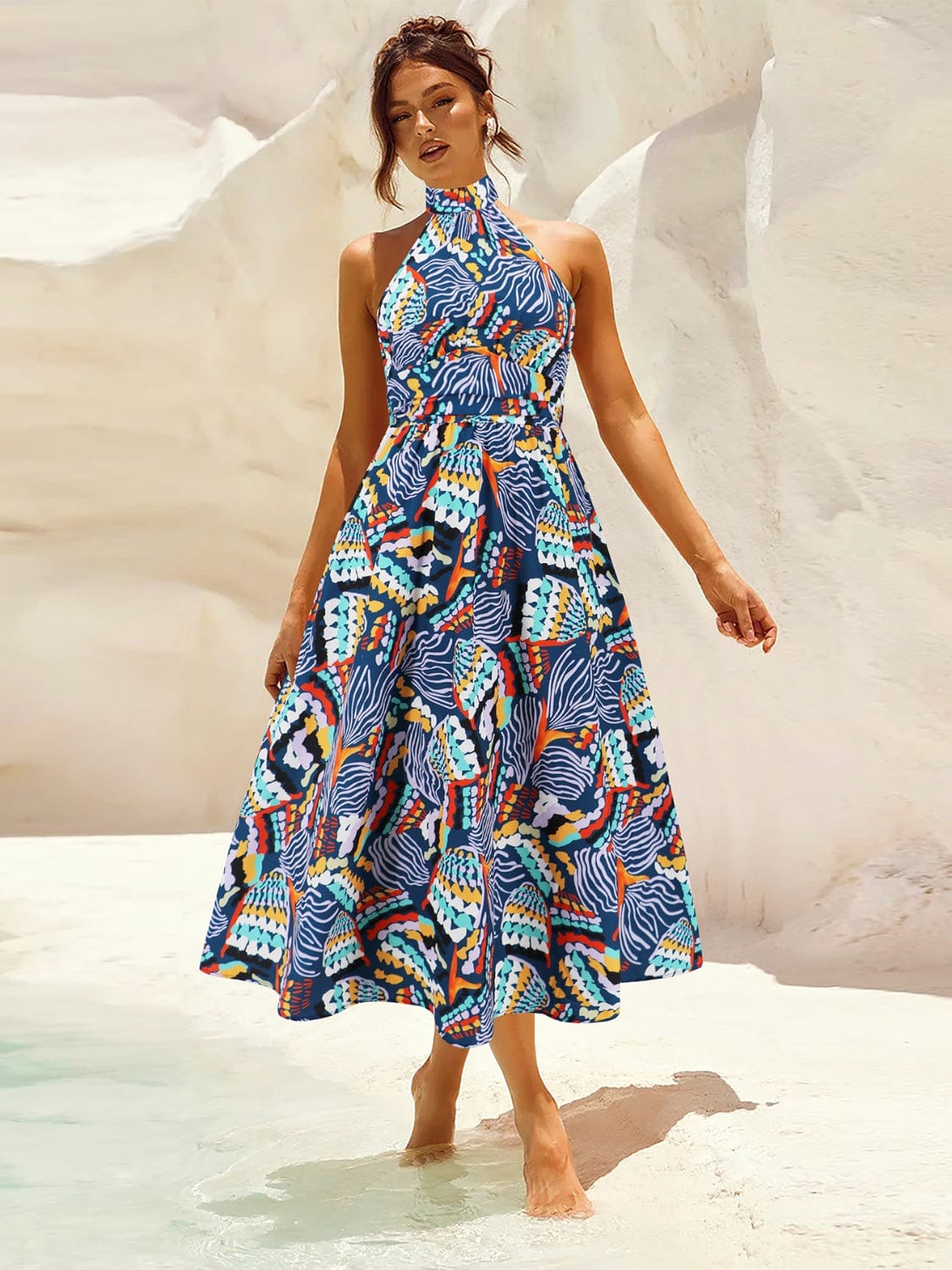 Ruched Printed Halter Neck Sleeveless Dress - Trendsi