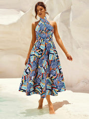 Ruched Printed Halter Neck Sleeveless Dress - Trendsi