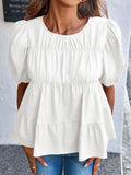Round Neck Puff Sleeve Tiered Blouse - Trendsi - Flyclothing LLC
