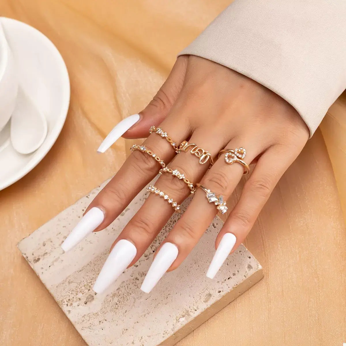 7 Piece 18K Gold-Plated LOVE Zircon Ring Set - Trendsi - Flyclothing LLC