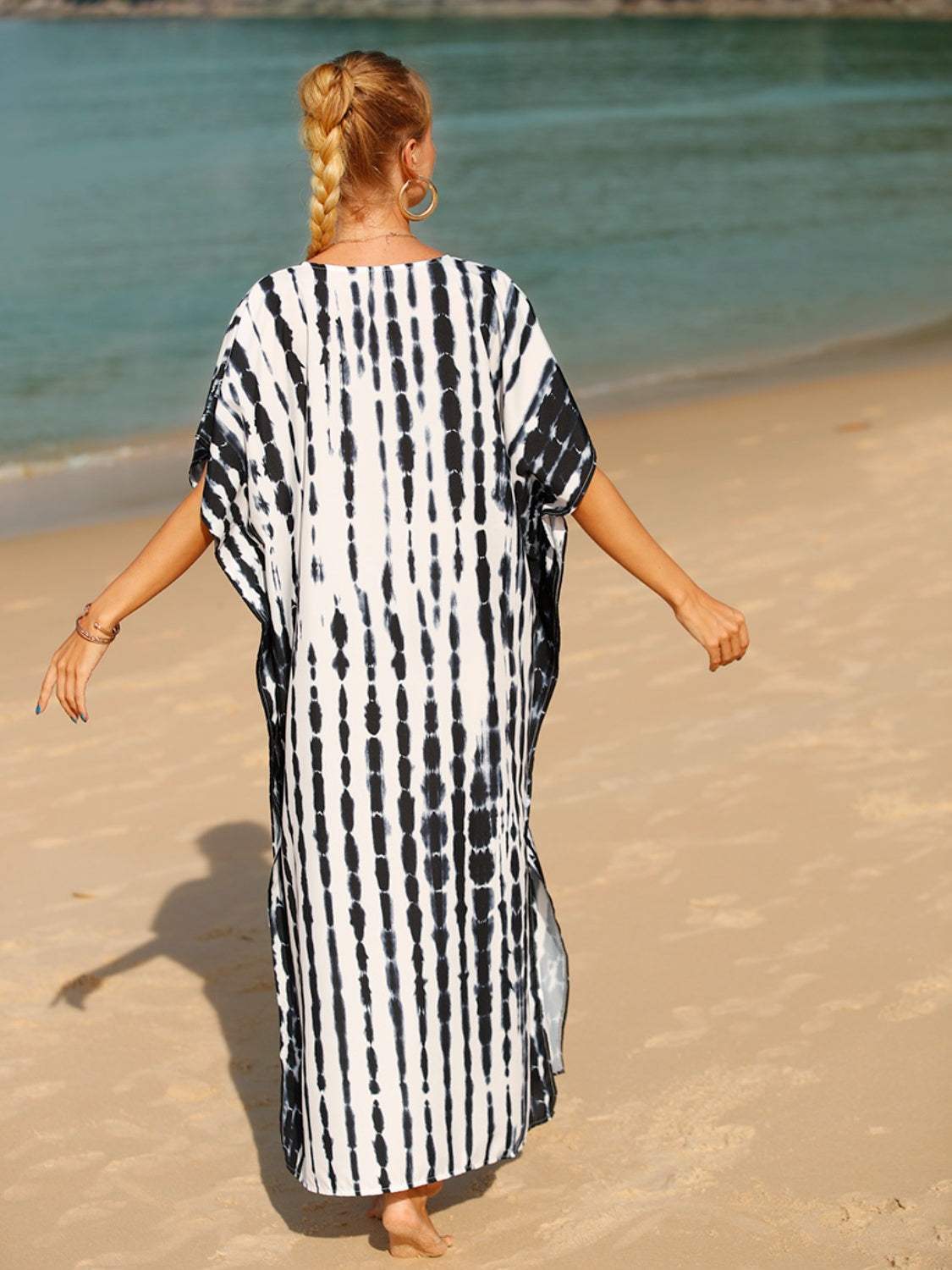 Tie-Dye V-Neck Half Sleeve Cover-Up - Trendsi - Flyclothing LLC
