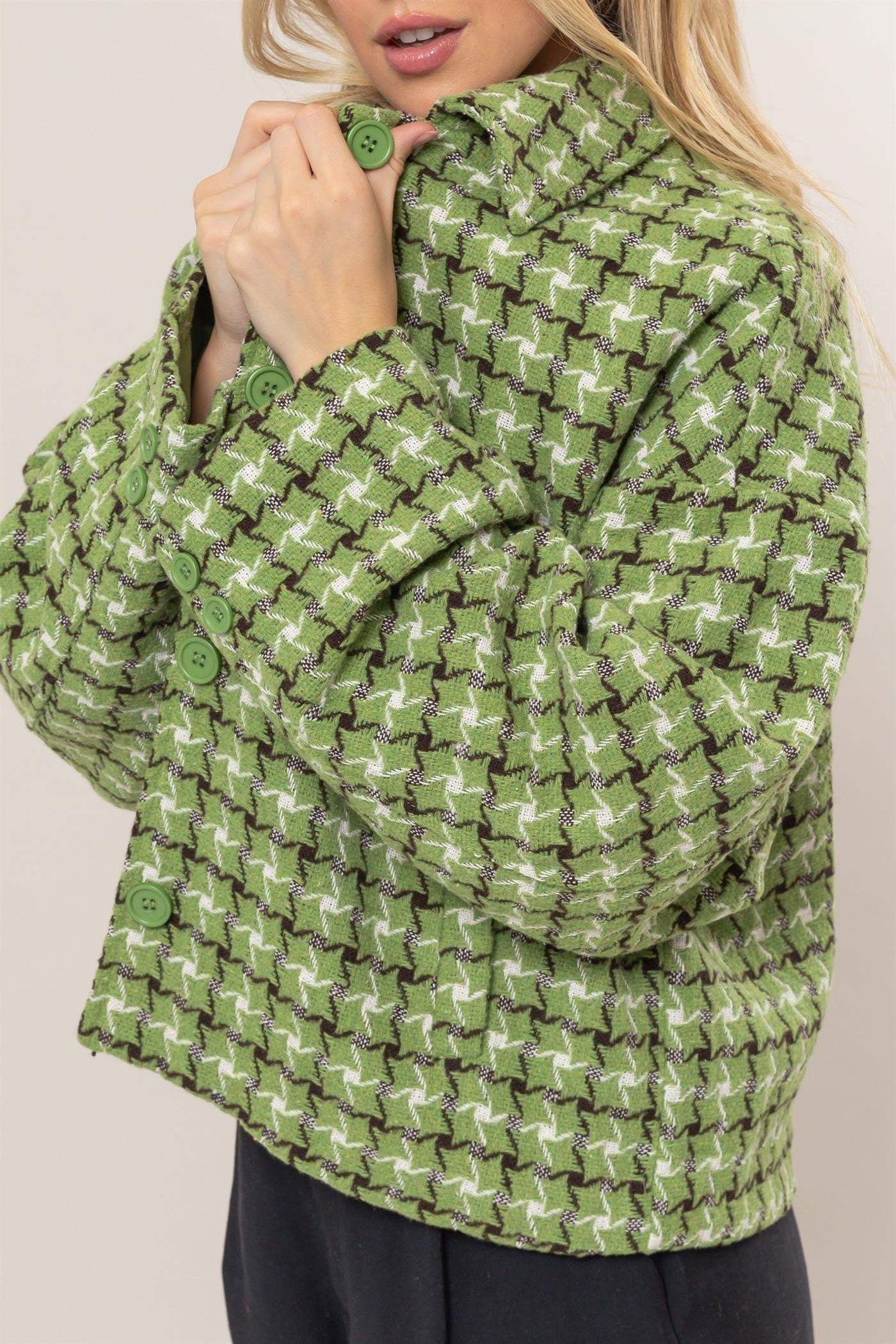 HYFVE Tweed Plaid Button Up Collared Neck Jacket - Trendsi - Flyclothing LLC
