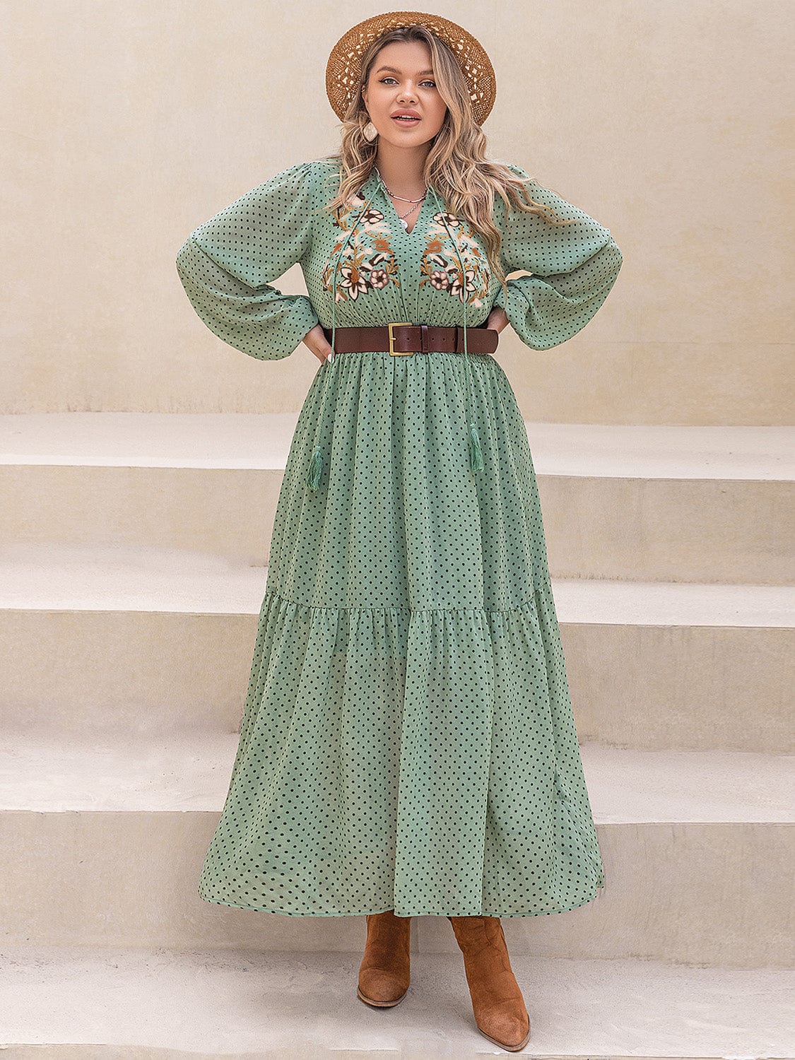Plus Size Tassel Printed Tie Neck Long Sleeve Midi Dress - Trendsi