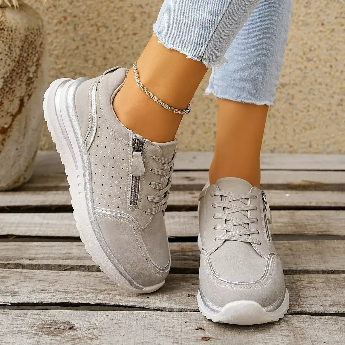 Round Toe Lace Up Sneakers - Trendsi - Flyclothing LLC