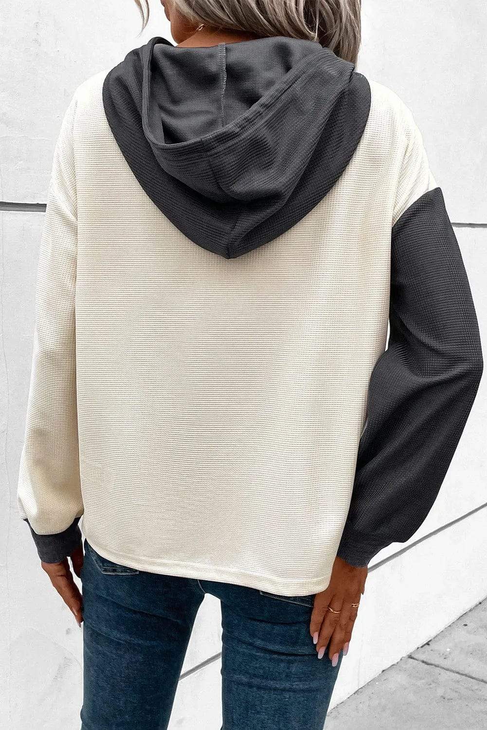 Drawstring Quarter Button Contrast Long Sleeve Hoodie - Trendsi - Flyclothing LLC