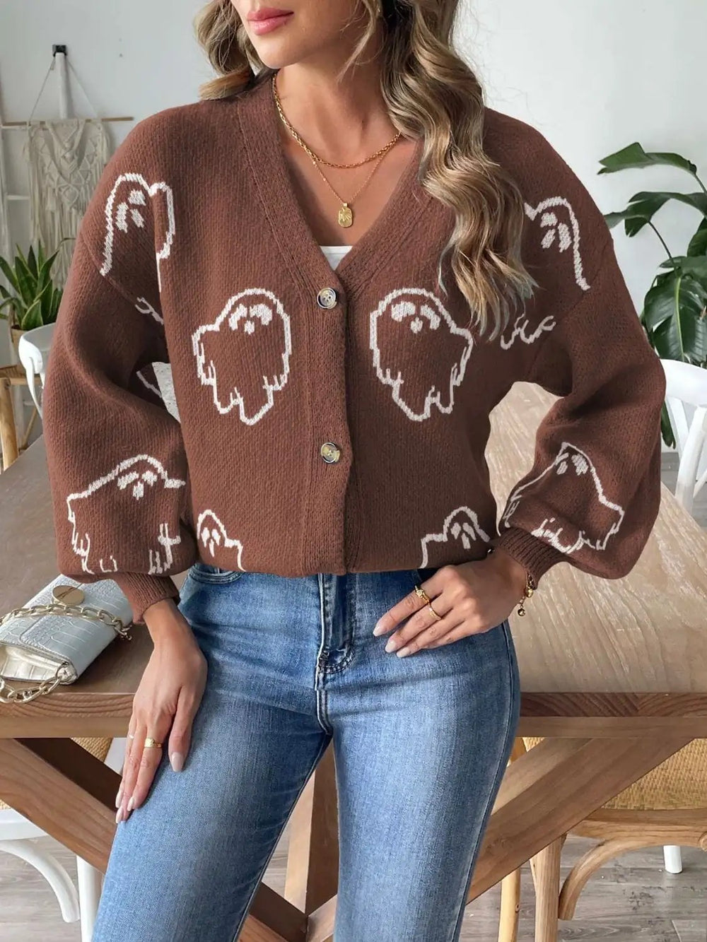 V-Neck Dropped Shoulder Cardigan - Trendsi