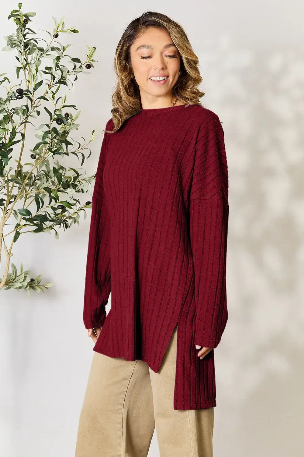 Basic Bae Full Size Ribbed Round Neck Long Sleeve Slit Top - ShopBasicbae - Flyclothing LLC