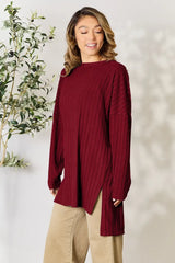 Basic Bae Full Size Ribbed Round Neck Long Sleeve Slit Top - ShopBasicbae - Flyclothing LLC