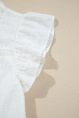 Lace Round Neck Flutter Sleeve Eyelet Blouse - Trendsi - Flyclothing LLC