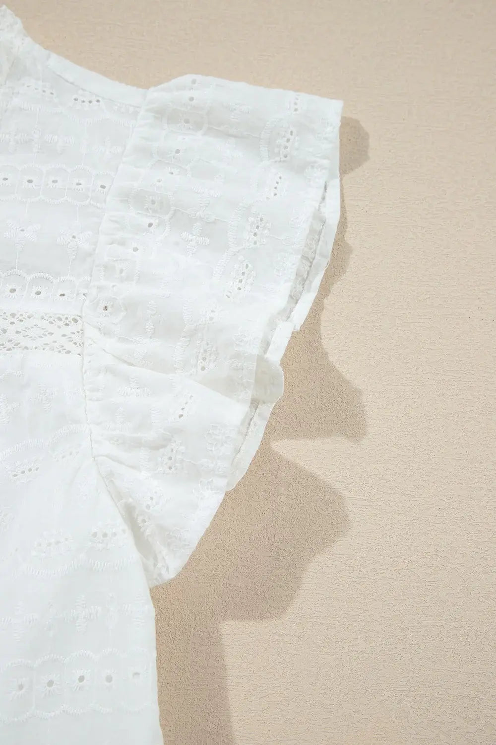 Lace Round Neck Flutter Sleeve Eyelet Blouse - Trendsi - Flyclothing LLC