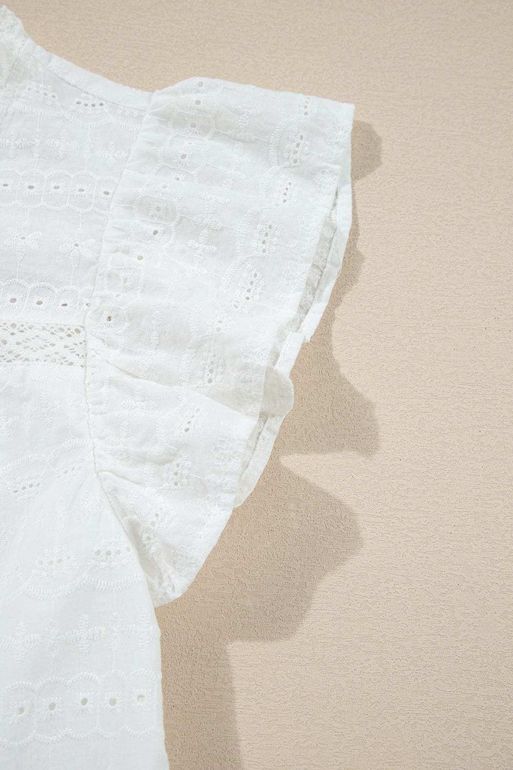 Lace Round Neck Flutter Sleeve Eyelet Blouse - Trendsi - Flyclothing LLC