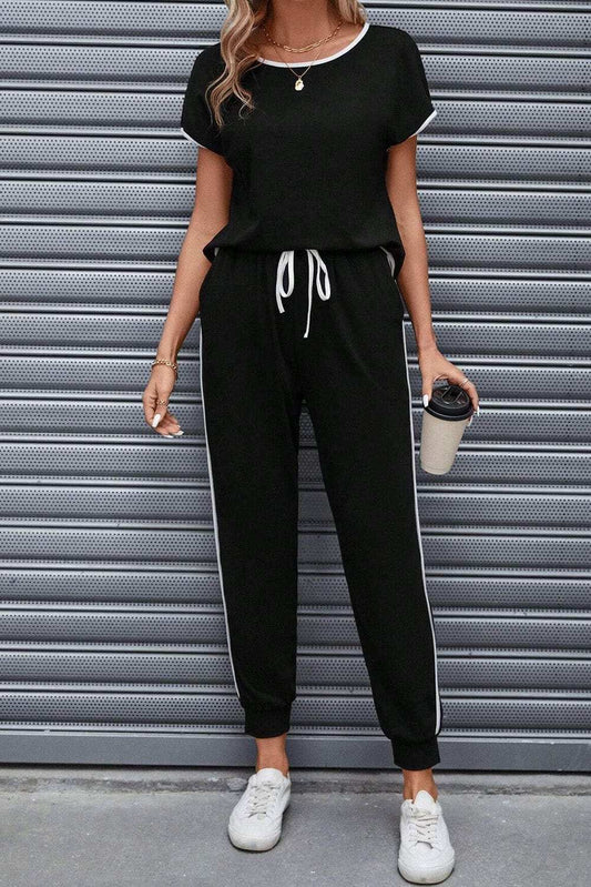 Contrast Trim Round Neck Top and Pants Set - Trendsi - Flyclothing LLC
