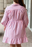 Striped Collared Neck Long Sleeve Mini Shirt Dress - Trendsi - Flyclothing LLC