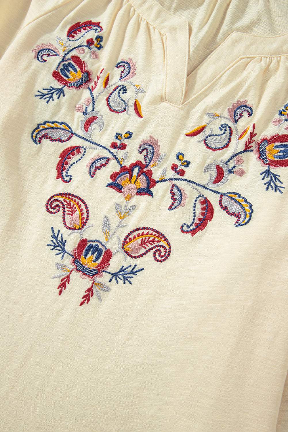 Embroidered Notched Long Sleeve Blouse - Trendsi - Flyclothing LLC