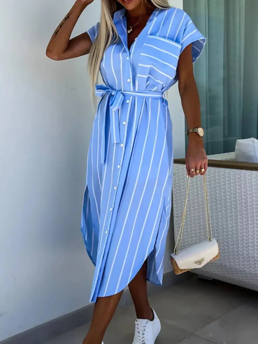 Striped Tie Waist Short Sleeve Dress - Trendsi - Flyclothing LLC