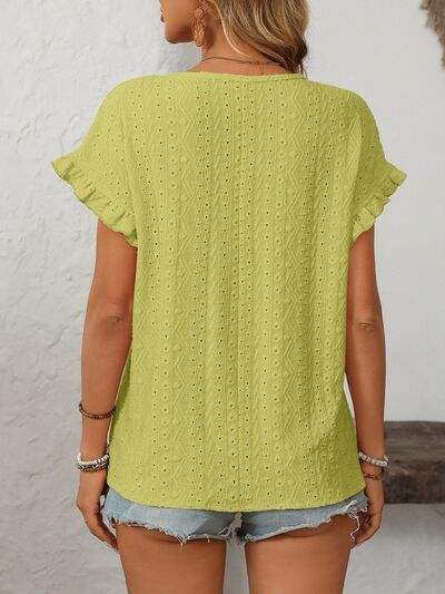 Mandy Eyelet Round Neck Short Sleeve Top - Trendsi - Flyclothing LLC