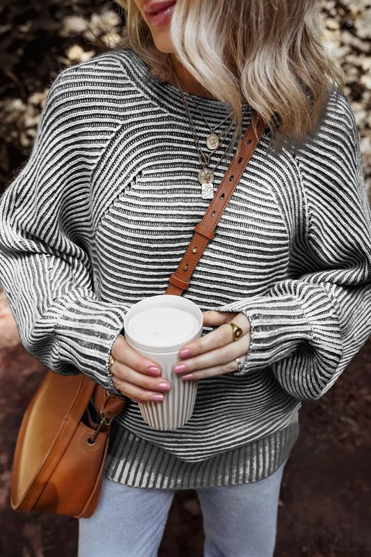Textured Striped Round Neck Long Sleeve Top - Trendsi