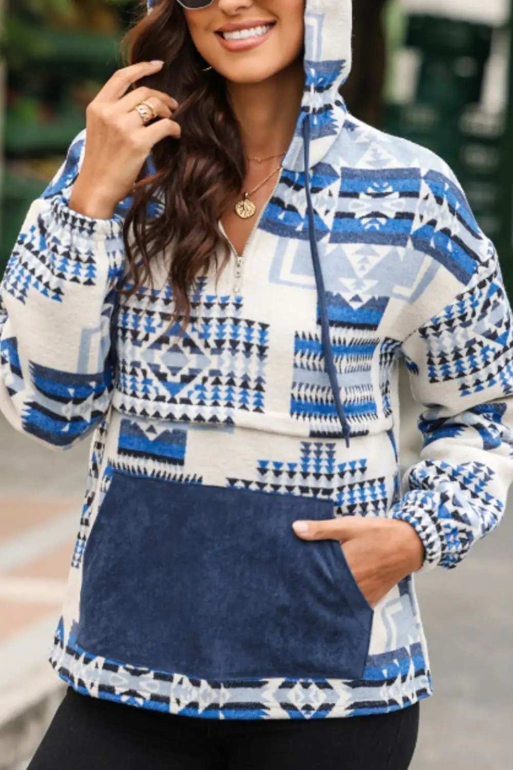 Geometric Quarter Zip Long Sleeve Hoodie - Trendsi - Flyclothing LLC