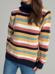 Contrast Stripes Turtleneck Long Sleeve Sweater - Trendsi