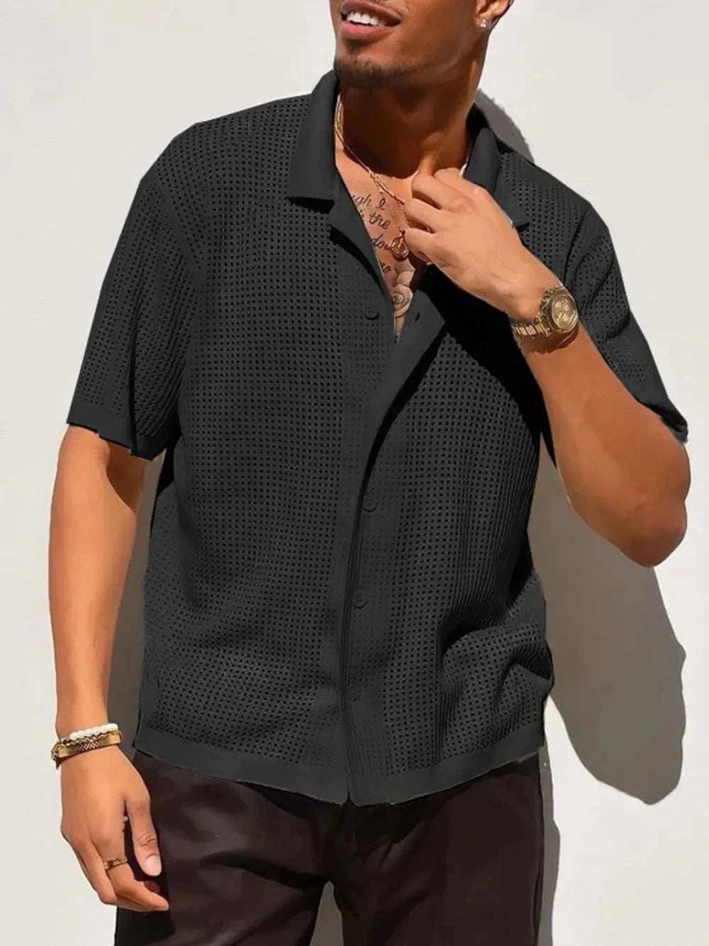 Men's Full Size Openwork Button Down Collared Neck Shirt Plus Size - Trendsi - Flyclothing LLC