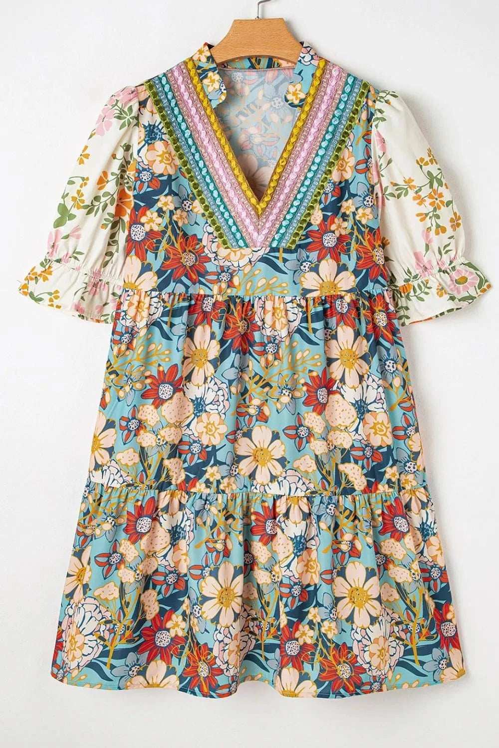 Printed Notched Flounce Sleeve Mini Dress - Trendsi - Flyclothing LLC