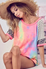BiBi Tie Dye French Terry Top With Stripe Raglan - Trendsi - Flyclothing LLC