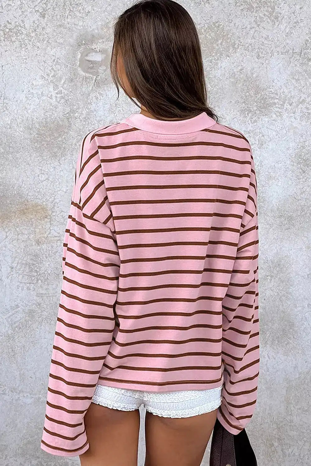 Stripe Striped Long Sleeve Collar Shift Top - Trendsi - Flyclothing LLC