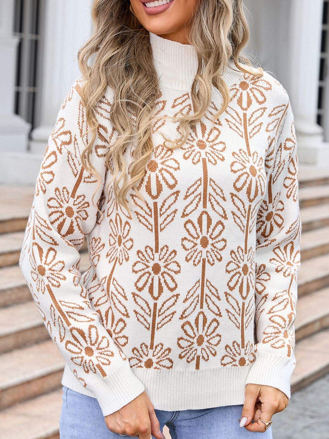 Flower Turtleneck Long Sleeve Sweater - Trendsi - Flyclothing LLC
