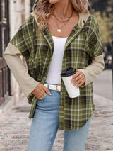 Perfee Drawstring Plaid Long Sleeve Hooded Shirt - Trendsi - Flyclothing LLC